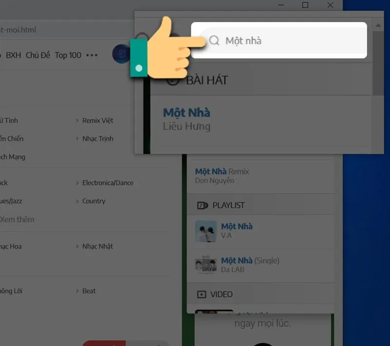 Thanh tìm kiếm trên Nhaccuatui (NCT), minh họa thao tác tìm kiếm bài hát trên nền tảng này.