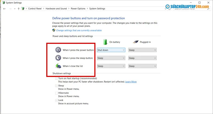 Cài đặt nâng cao chế độ ngủ laptop tại các mục như hình