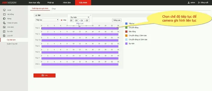 Cài đặt lịch ghi hình liên tục (Tiếp tục) cho camera Hikvision trên máy tính