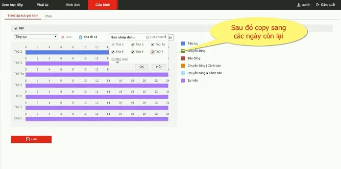 Sao chép cài đặt lịch ghi hình sang các ngày khác trong tuần