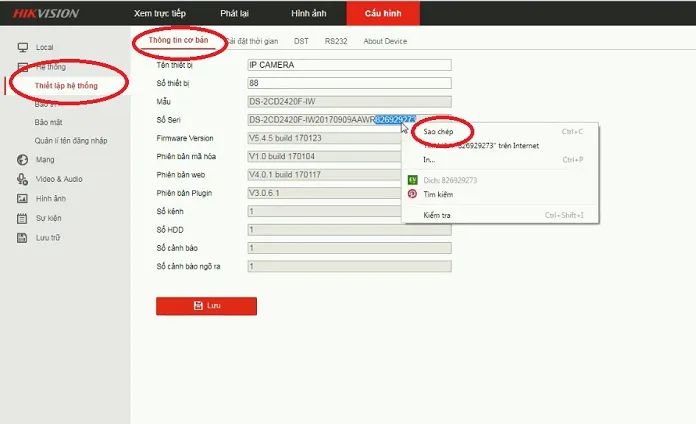 Vị trí lấy số Serial của camera trong mục Thông tin cơ bản trên giao diện cấu hình