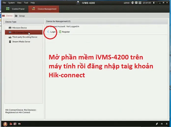 Đăng nhập tài khoản Hik-Connect trong phần mềm iVMS-4200 để quản lý thiết bị