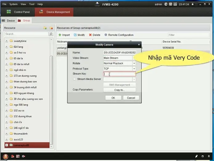 Nhập Mã Xác Thực (Verification Code) trong phần mềm iVMS-4200 để xem camera Hikvision từ xa