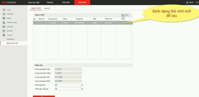 Định dạng thẻ nhớ (SD Card) trong mục Quản lý lưu trữ của giao diện web camera