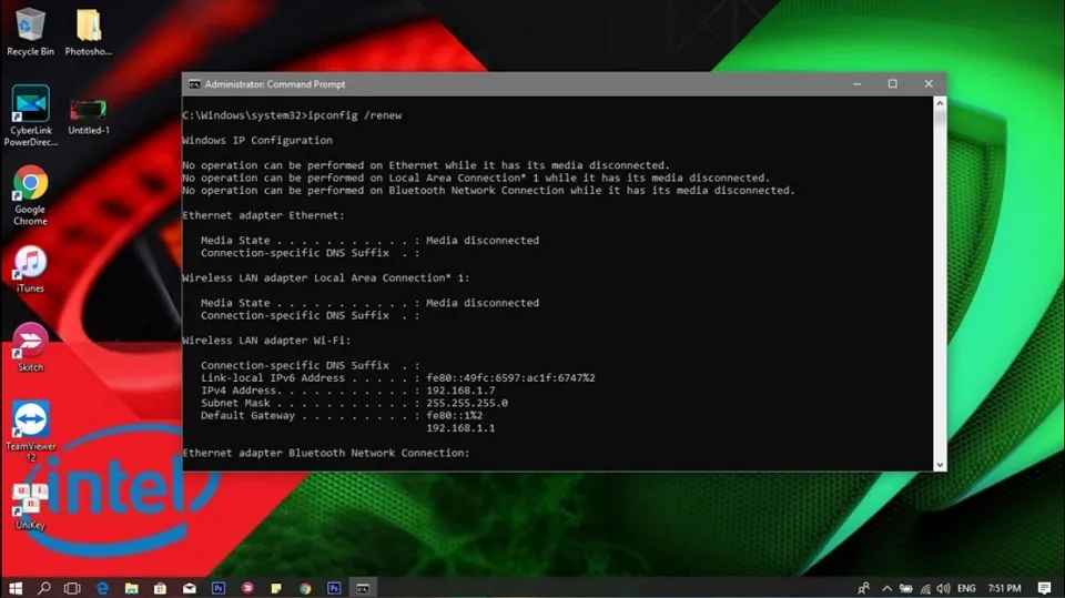 Màn hình CMD đang chạy lệnh ipconfig /release và ipconfig /renew để đặt lại địa chỉ IP, giải quyết xung đột mạng