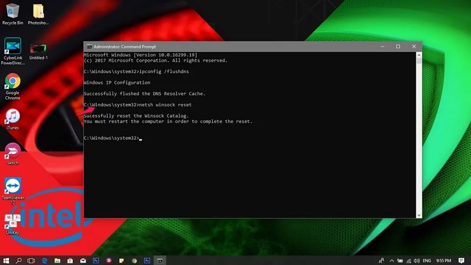 Màn hình CMD hiển thị thông báo sau khi chạy lệnh netsh winsock reset, yêu cầu người dùng khởi động lại máy tính
