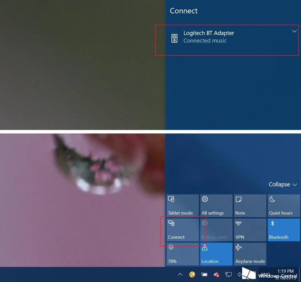 Hình ảnh minh họa khu vực Action Center trên Windows 10 và nút Connect để kết nối loa Bluetooth