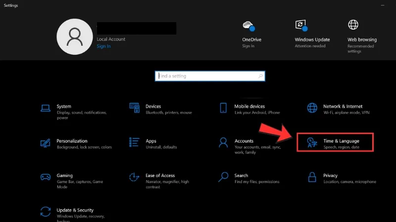Màn hình Settings trên Windows 10, chọn mục Time &amp; Language.