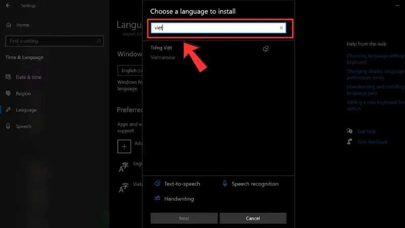 Tìm kiếm và chọn Tiếng Việt trong danh sách ngôn ngữ trên Windows 10.