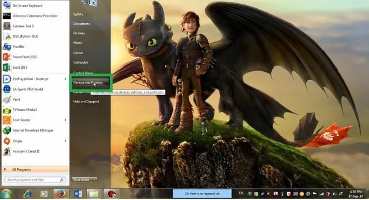 Hình ảnh minh họa vị trí chọn mục Devices and Printers trong menu Start của Windows 7