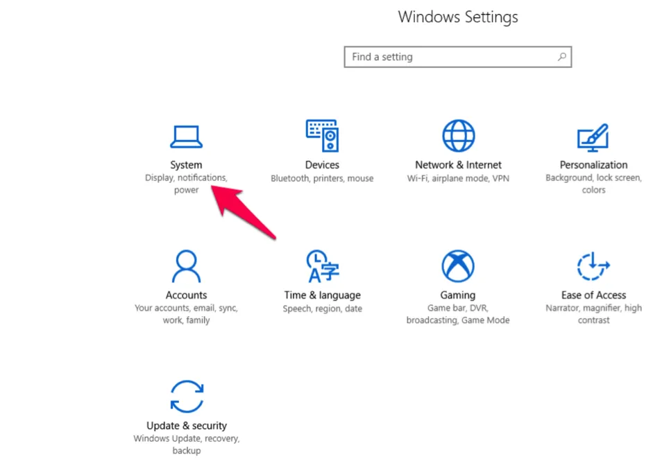 Hình ảnh minh họa truy cập vào cài đặt hệ thống (System) trên Windows 8/10/11