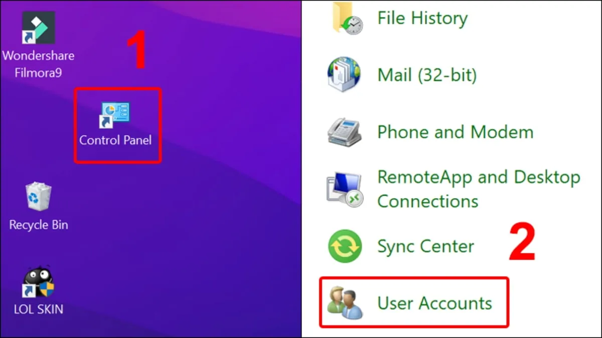 Cửa sổ User Accounts trong Control Panel trên Windows 10