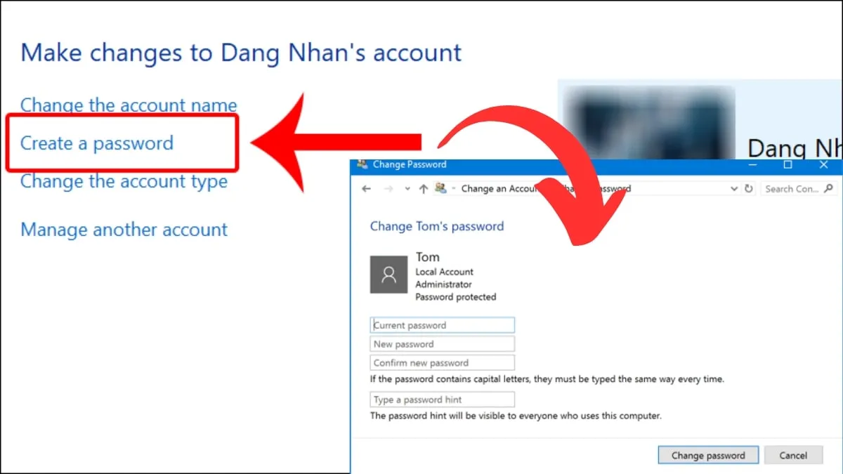Điền thông tin mật khẩu mới và gợi ý trên Windows 10