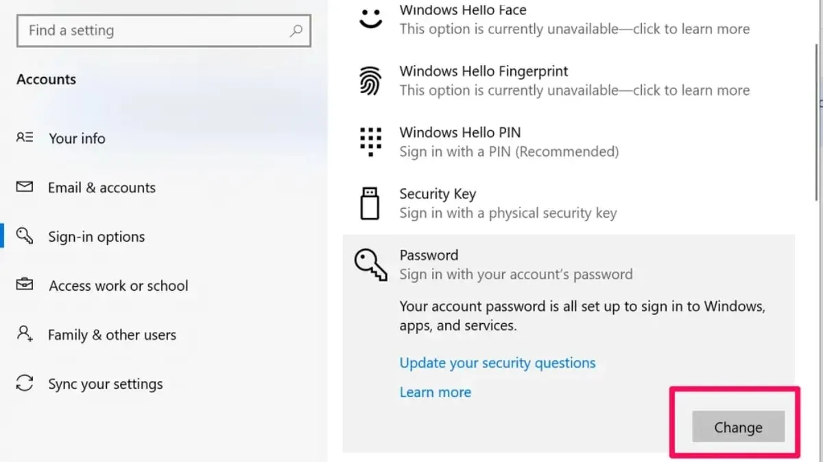 Chọn Sign-in options và Change