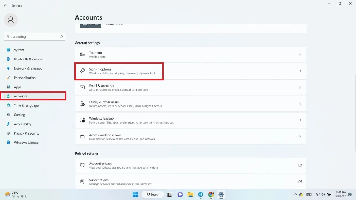 Mục Accounts và Sign-in options trong Settings