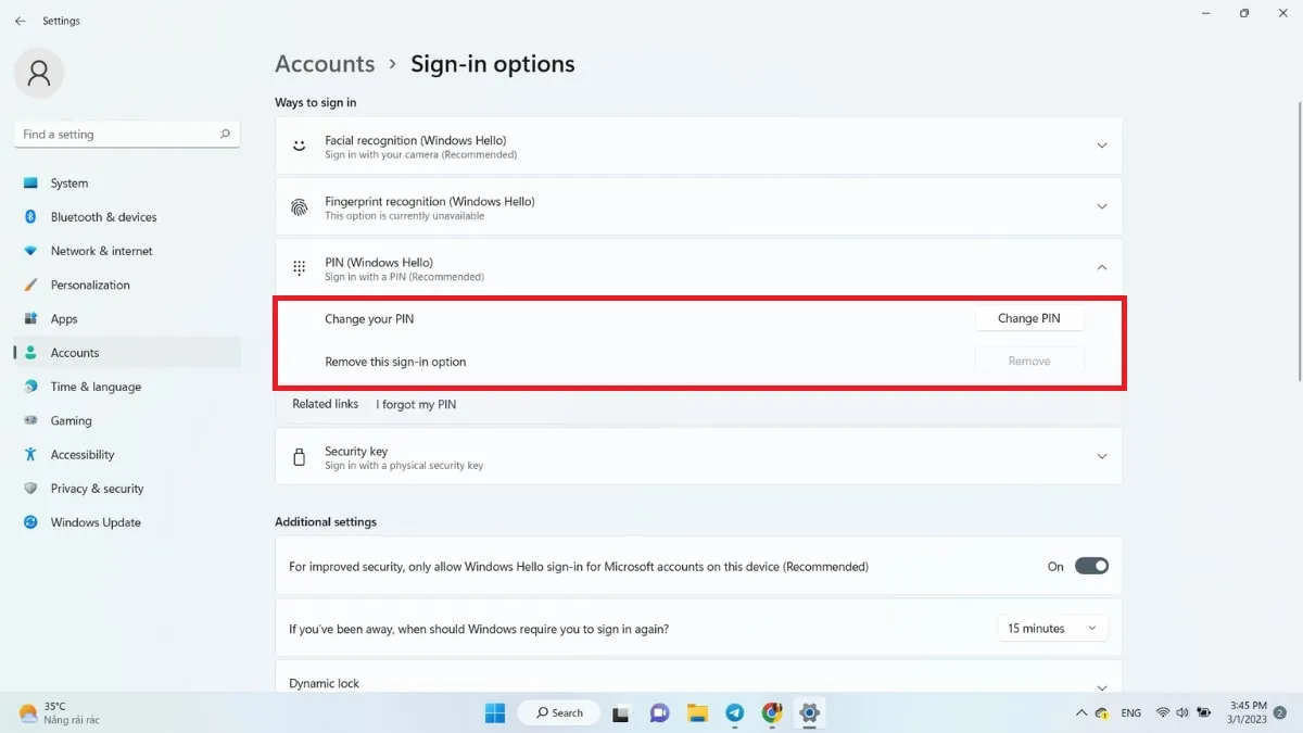Thay đổi mã PIN trên Windows 11