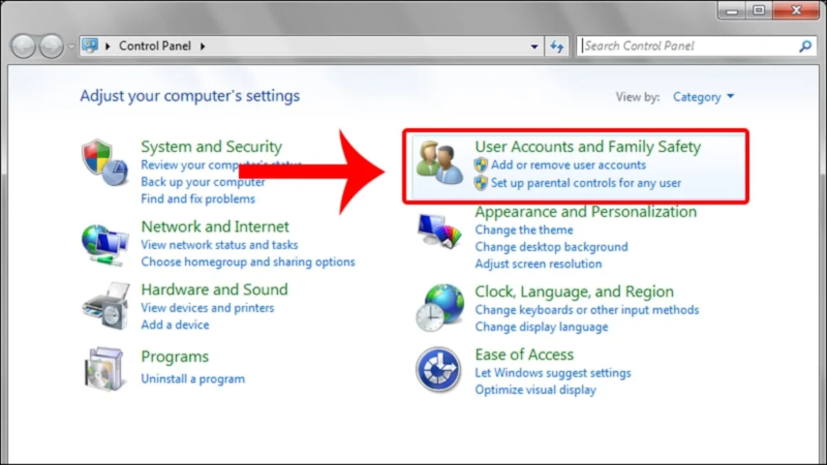 Lựa chọn User Accounts trong Control Panel