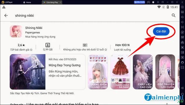 Màn hình cài đặt game Shining Nikki Việt Nam trên giả lập Android PC