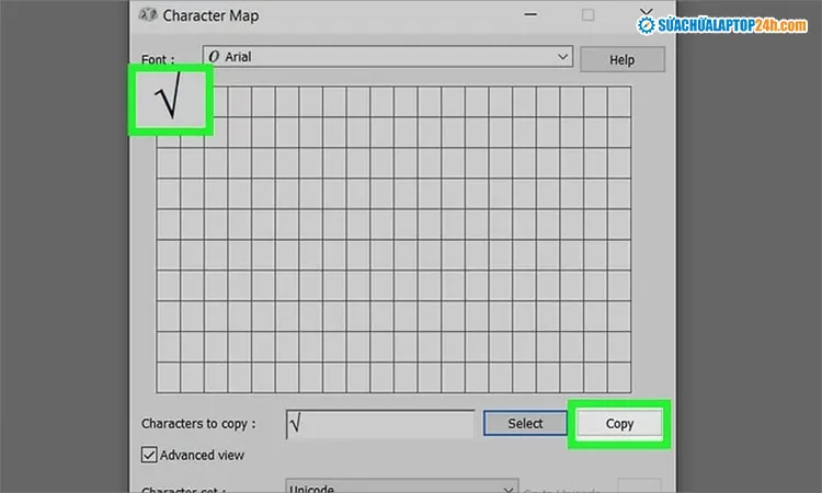 Chọn Copy để sao chép biểu tượng dấu căn bậc hai