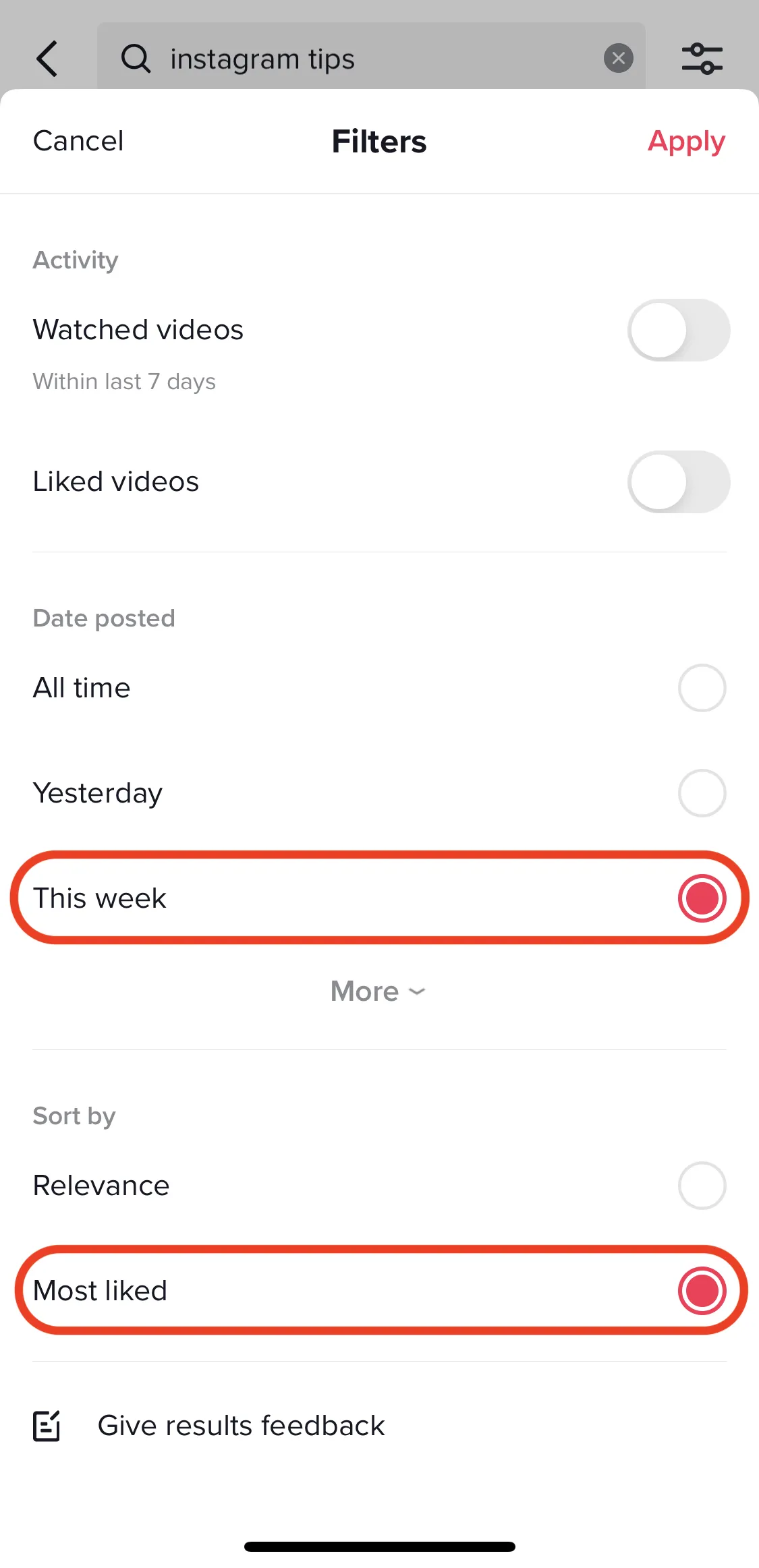 Ảnh chụp màn hình bộ lọc kết quả tìm kiếm trên TikTok