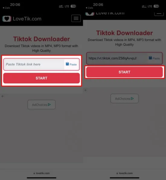 Các bức ảnh từ slideshow TikTok được hiển thị trên trang web sau khi xử lý liên kết.