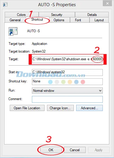 Cửa sổ thuộc tính shortcut