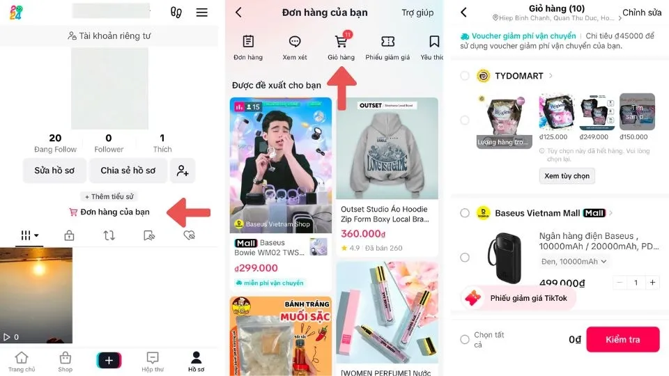 Cách xem giỏ hàng trên TikTok