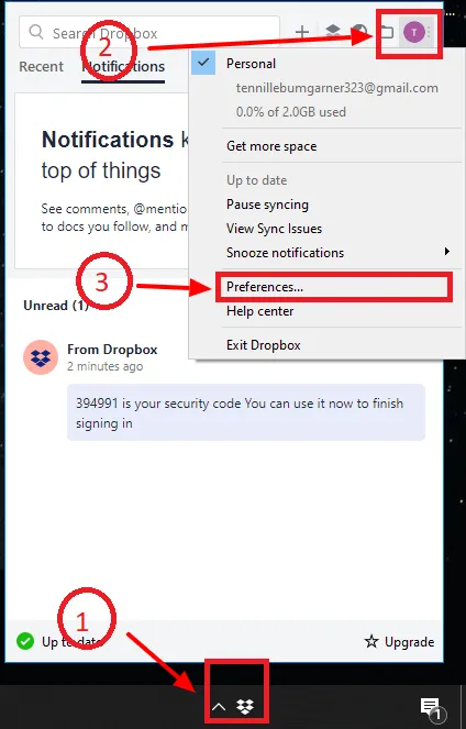 Click vào icon Dropbox trên thanh Taskbar, sau đó chọn biểu tượng tài khoản và Preferences để thay đổi vị trí thư mục Dropbox.