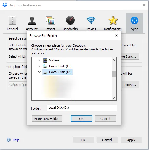 Cửa sổ duyệt vị trí mới hiển thị. Người dùng chọn ổ đĩa khác ổ C để lưu trữ thư mục Dropbox và bấm OK.