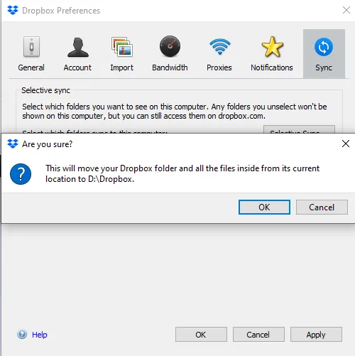 Thông báo xác nhận việc chuyển thư mục Dropbox xuất hiện, người dùng click OK để hoàn tất quá trình.