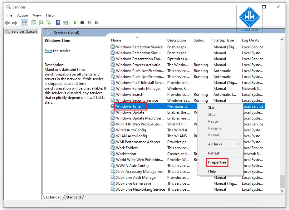 Tìm dịch vụ Windows Time