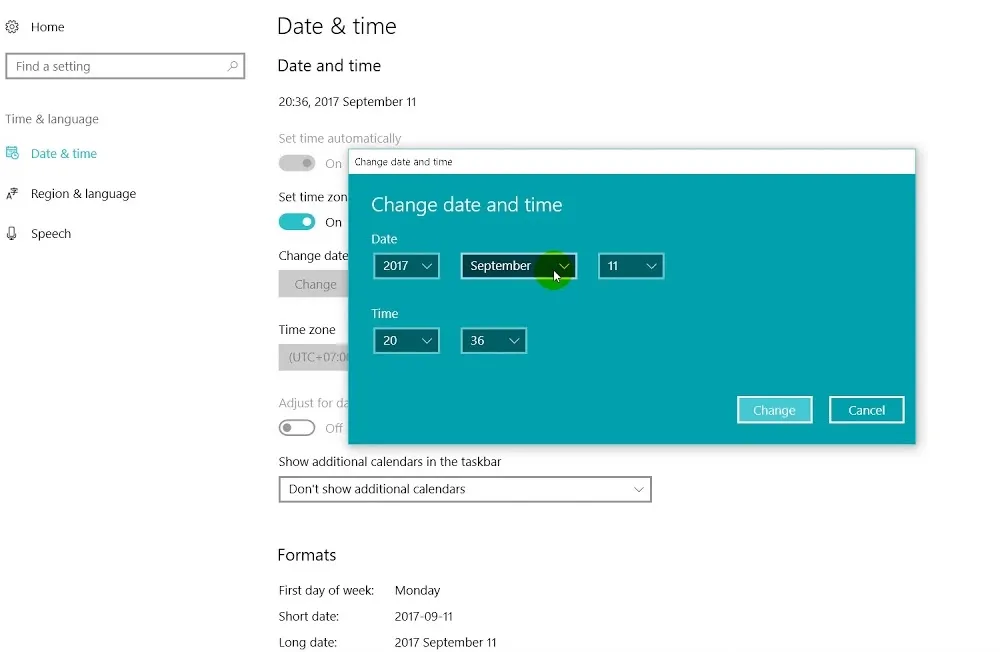 Giao diện tùy chỉnh ngày, giờ và múi giờ thủ công trên hệ điều hành Windows 10/11.
