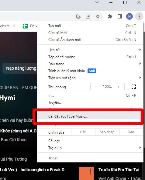 Hộp thoại trong Chrome hiển thị tùy chọn "Cài đặt YouTube Âm nhạc" để tạo ứng dụng web tiến bộ (PWA).