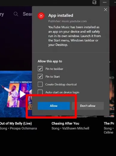 Cửa sổ thông báo cấp phép và tùy chọn ghim ứng dụng YouTube Music vào Menu Bắt đầu và Thanh Tác vụ.