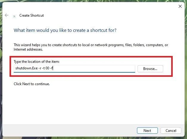 Cửa sổ tạo Shortcut với lệnh shutdown