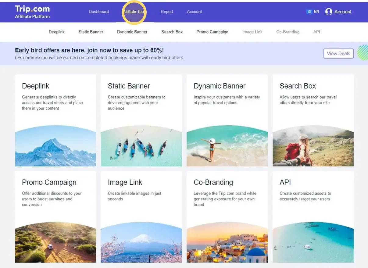 Tổng quan các công cụ tạo link affiliate Trip.com như Deep Link và Banner