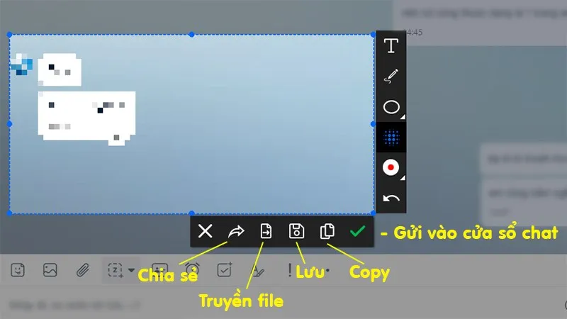 Các lựa chọn lưu trữ và gửi hình đã chụp màn hình Zalo, bao gồm Gửi vào chat, Copy, Lưu và Truyền file