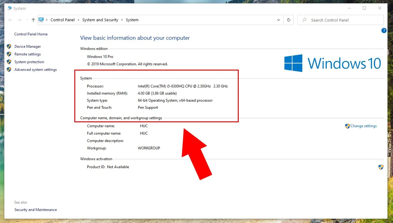 Chi tiết thông số bộ vi xử lý và bộ nhớ RAM của hệ thống qua hộp thoại Properties.