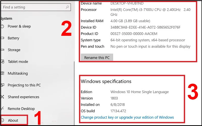Kiểm tra cấu hình máy tính chi tiết thông qua màn hình About trong Windows Settings.