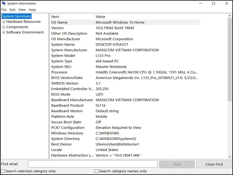 Cửa sổ System Information hiển thị tổng quan thông số kỹ thuật của phần cứng máy tính.