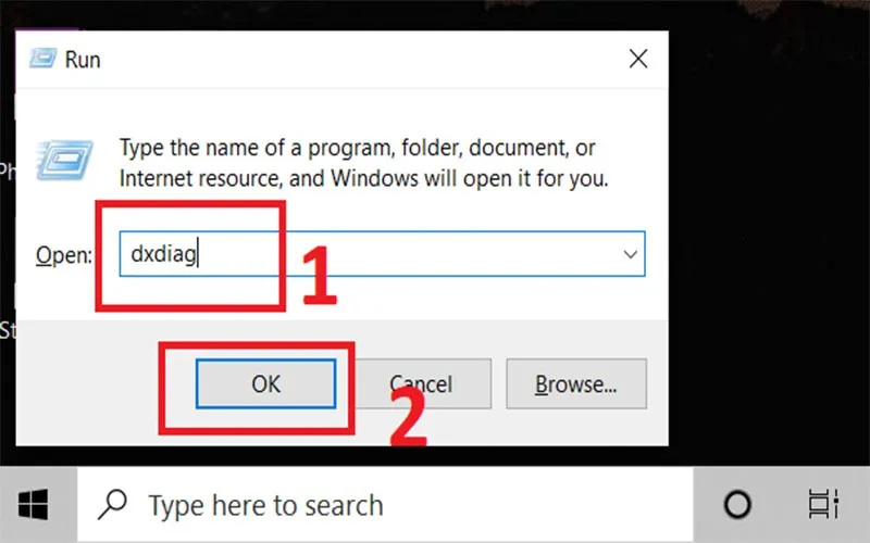 Nhập lệnh dxdiag vào cửa sổ Run để mở công cụ chẩn đoán DirectX.