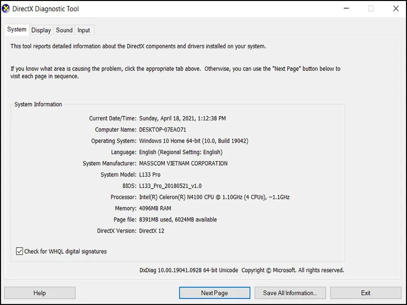 Cửa sổ DirectX Diagnostic Tool (DxDiag) chứa thông tin cấu hình máy tính và thiết bị đồ họa.
