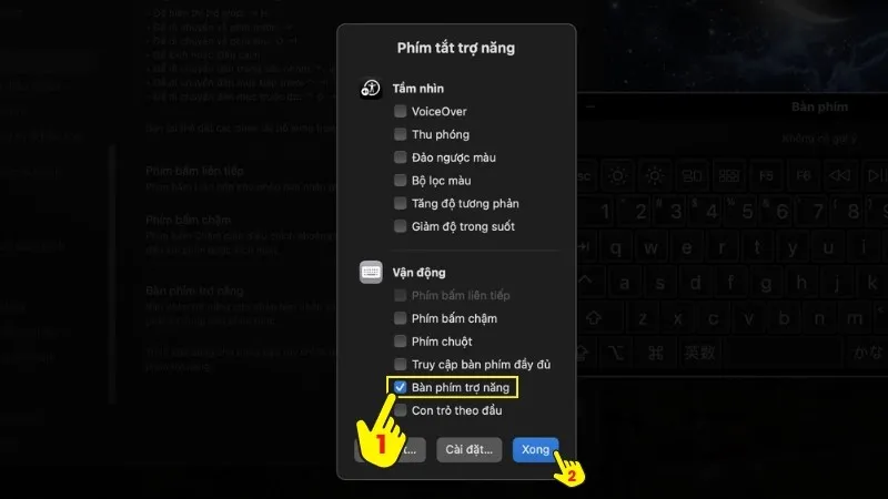 Kích hoạt Bàn phím trợ năng (Accessibility Keyboard) từ cửa sổ Phím tắt trợ năng MacOS