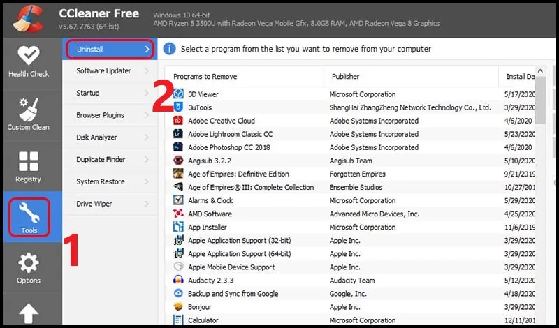 Sử dụng tính năng Uninstall trong mục Tools của CCleaner để xóa ứng dụng tận gốc