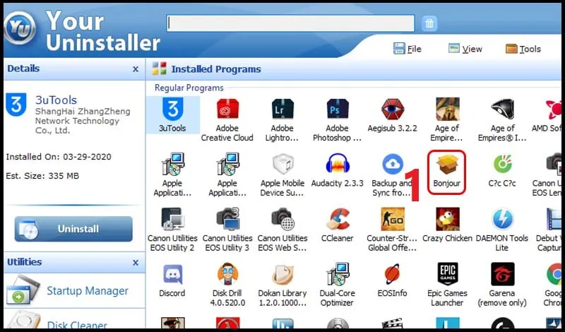 Giao diện Your Uninstaller hiển thị danh sách các chương trình đã cài đặt trên máy tính
