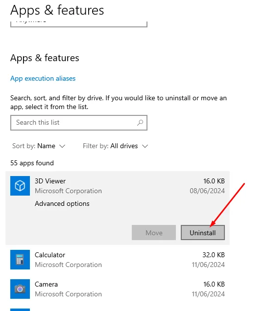 Giao diện ứng dụng (Apps &amp; features) trong Settings của Windows để gỡ cài đặt ứng dụng