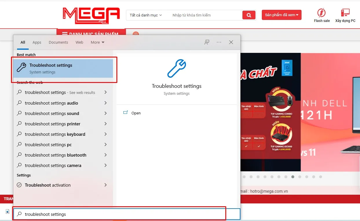 Mở Troubleshoot Settings thông qua tìm kiếm