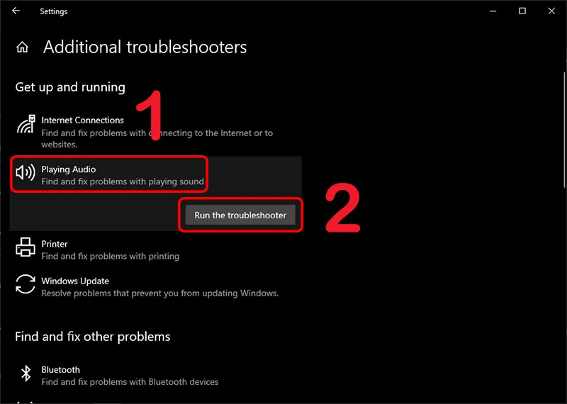 Chọn Playing audio trong danh sách khắc phục sự cố