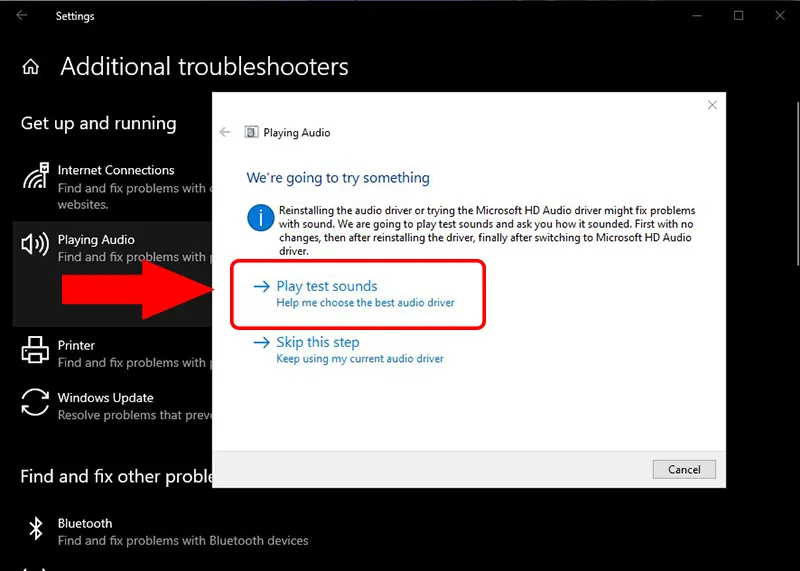 Thực hiện Play test sounds để kiểm tra âm thanh