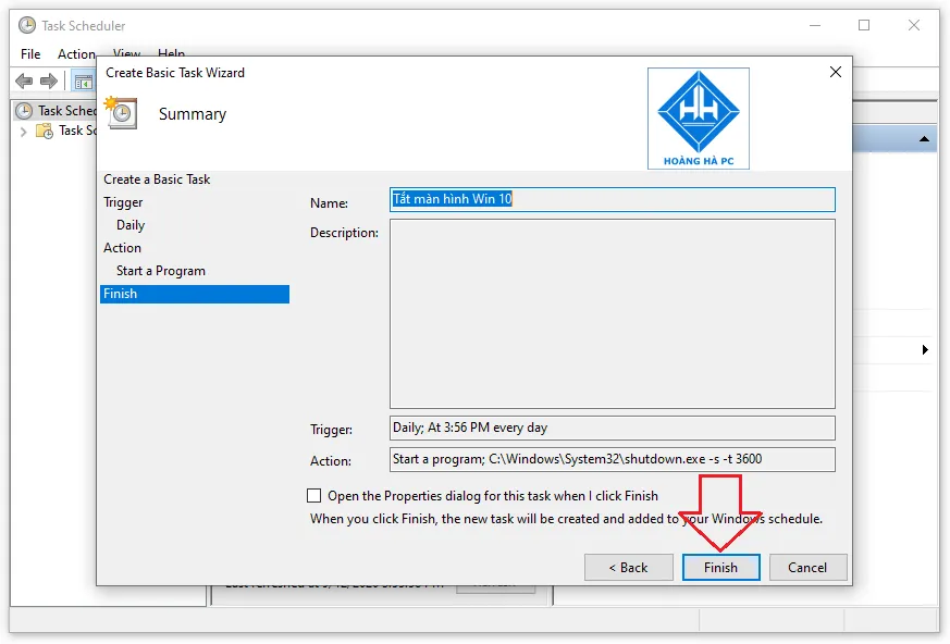 Hoàn thành thiết lập tác vụ hẹn giờ tắt máy tính Win 10
